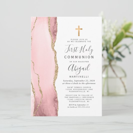 Blush Agate Gold Glitter First Heilige Communie Kaart (Staand voorkant)
