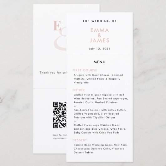 Blush Ampersand Bruiloft | QR Code | Elegant Menu (Voorkant / Achterkant)