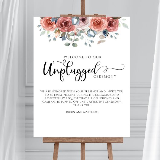 Blush and Blue Blissful, Unplugged Ceremony Sign Poster