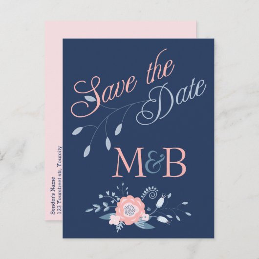 Blush and Blue bruiloft Save the Date briefkaarten (Voorkant / Achterkant)