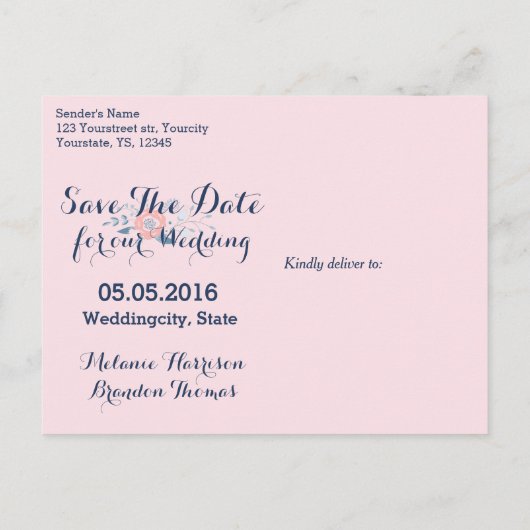 Blush and Blue bruiloft Save the Date briefkaarten (Achterkant)
