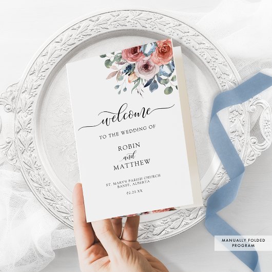 Blush and Blue Floral Folded Wedding Programme