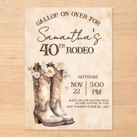 Blush and Boots 40th Rodeo Western Birthday Acryl Uitnodigingen (Voorkant)