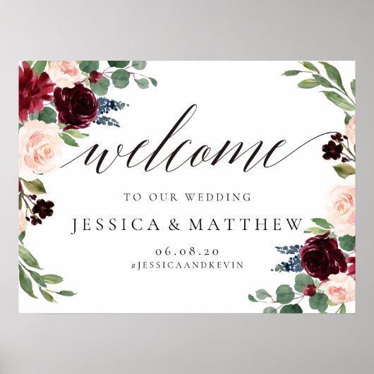 Blush and burgundy Floral Welcome Weddenschap Poster (Voorkant)