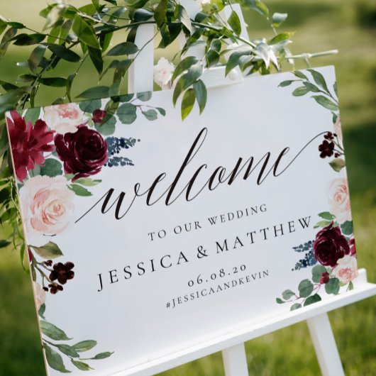 Blush and burgundy Floral Welcome Weddenschap Poster
