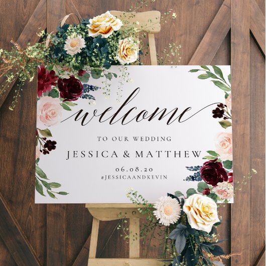 Blush and burgundy Floral Welcome Weddenschap Poster