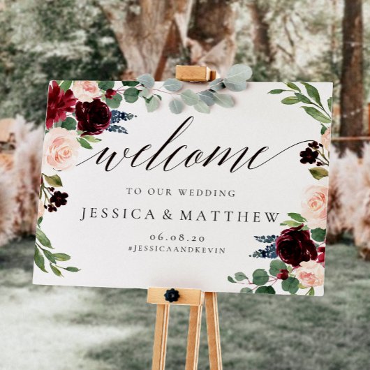 Blush and burgundy Floral Welcome Weddenschap Poster
