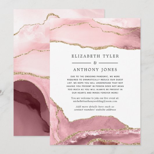 Blush and Gold Agate Reduced Wedding Guest List Aankondiging (Voorkant / Achterkant)