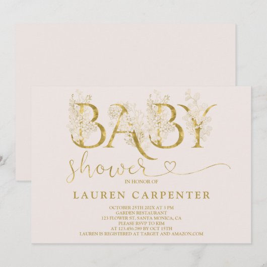 Blush and Gold Baby shower Invitation Kaart (Voorkant / Achterkant)