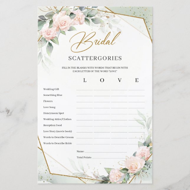 Blush and Gold Greenery Bridal Scattergories game (Voorkant)