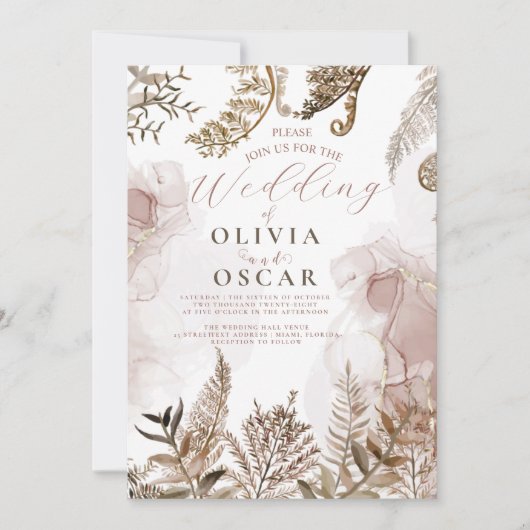 Blush and Gold Pampas Grass Floral Wedding Invitat Kaart (Voorkant)