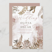 Blush and Gold Pampas Grass Floral Wedding Invitat Kaart (Voorkant / Achterkant)