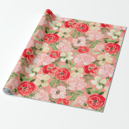 Blush and green kerstWaterverf Flowers Roze Cadeaupapier