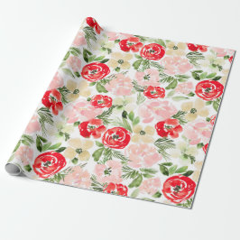 Blush and green kerstWaterverf Flowers Wrapp Cadeaupapier