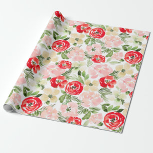 Blush and green kerstWaterverf Flowers Wrapp Cadeaupapier