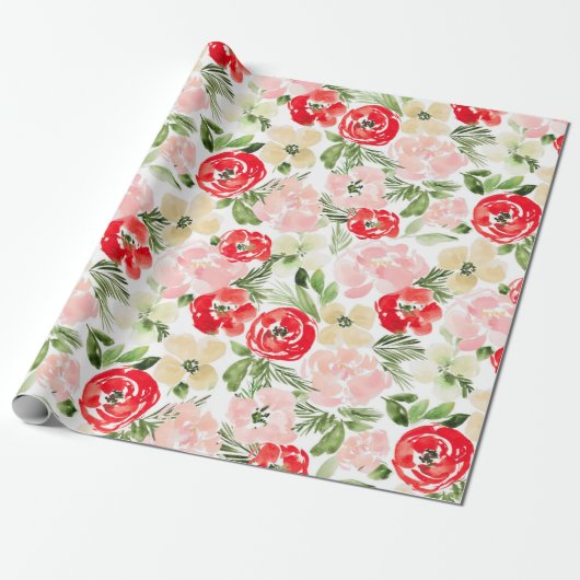 Blush and green kerstWaterverf Flowers Wrapp Cadeaupapier (Uitgerold)