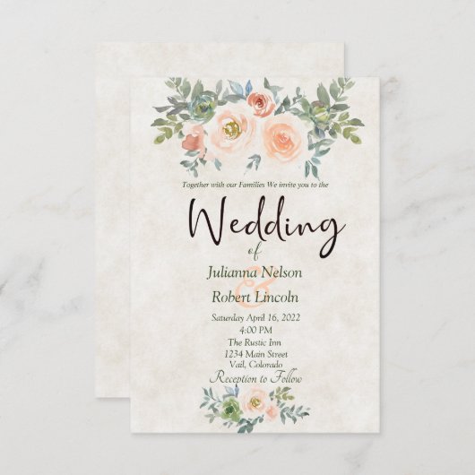 Blush and green waterverf floral bruiloft invitata kaart (Voorkant / Achterkant)