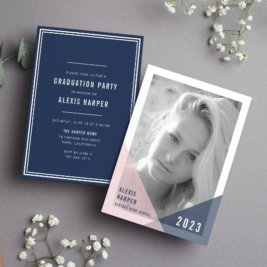 Blush and Navy Colorblock Photo Graduation Party Kaart