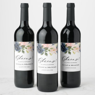 Blush and Navy Floral Bouquet Cheers Wedding Wijn Etiket