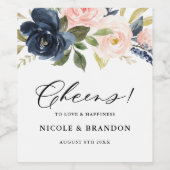 Blush and Navy Floral Bouquet Cheers Wedding Wijn Etiket (Enkel label)