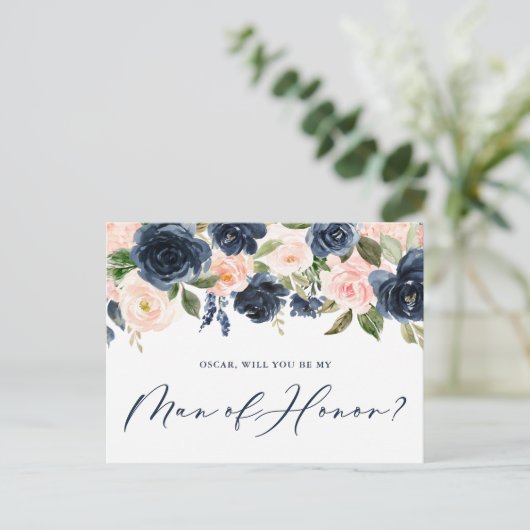 Blush and Navy Floral zal je mijn Man zijn. Briefkaart (Staand voorkant)