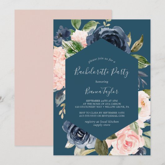 Blush and Navy Flowers Blue Bachelorette Party Kaart (Voorkant / Achterkant)