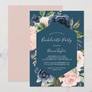 Blush and Navy Flowers Blue Bachelorette Party Kaart