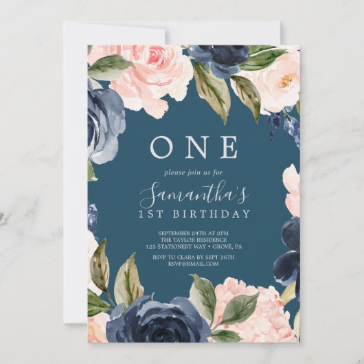 Blush and Navy Flowers Blue Wreate First Birthday Kaart (Voorkant)