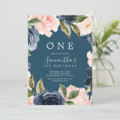 Blush and Navy Flowers Blue Wreate First Birthday Kaart (Staand voorkant)