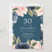 Blush and Navy Flowers Blue Wreath 30th Birthday Kaart (Voorkant)