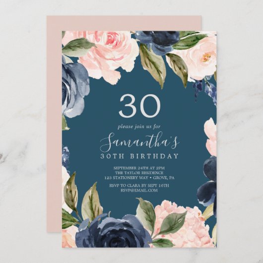 Blush and Navy Flowers Blue Wreath 30th Birthday Kaart (Voorkant / Achterkant)
