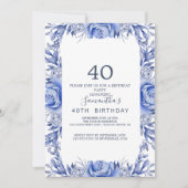 Blush and Navy Flowers Blue Wreath 40th Birthday Kaart (Voorkant)