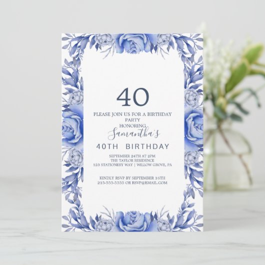 Blush and Navy Flowers Blue Wreath 40th Birthday Kaart (Staand voorkant)