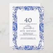 Blush and Navy Flowers Blue Wreath 40th Birthday Kaart (Voorkant / Achterkant)