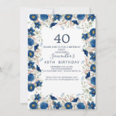 Blush and Navy Flowers Blue Wreath 40th Birthday Kaart (Voorkant)