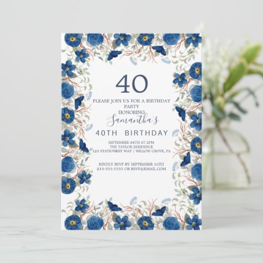 Blush and Navy Flowers Blue Wreath 40th Birthday Kaart (Staand voorkant)