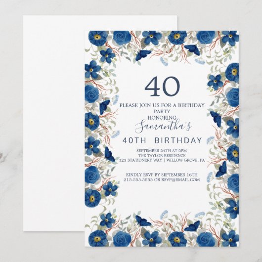 Blush and Navy Flowers Blue Wreath 40th Birthday Kaart (Voorkant / Achterkant)