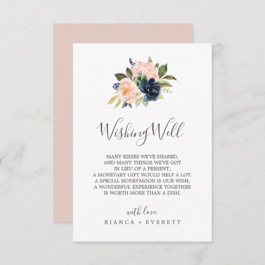 Blush and Navy Flowers Wedding Wishing Well Kaart (Voorkant / Achterkant)