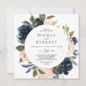 Blush and Navy Flowers White Casual Square Weddens Kaart (Voorkant)