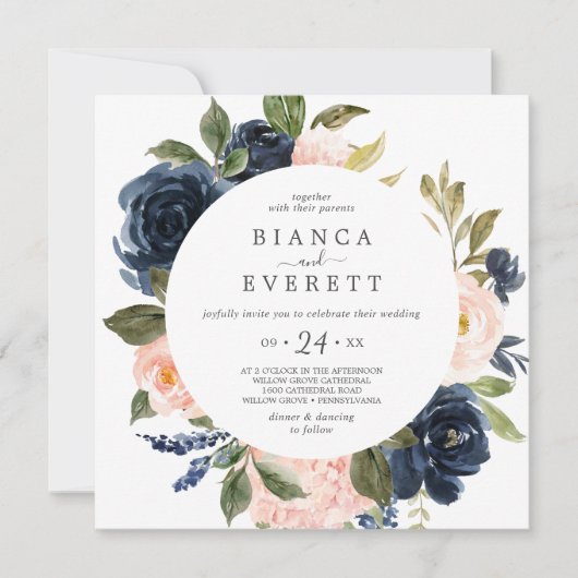 Blush and Navy Flowers White Casual Square Weddens Kaart (Voorkant)