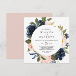 Blush and Navy Flowers White Casual Square Weddens Kaart