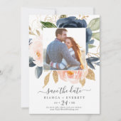 Blush and Navy Flowers White Photo Save the Date (Voorkant)