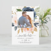 Blush and Navy Flowers White Photo Save the Date (Staand voorkant)