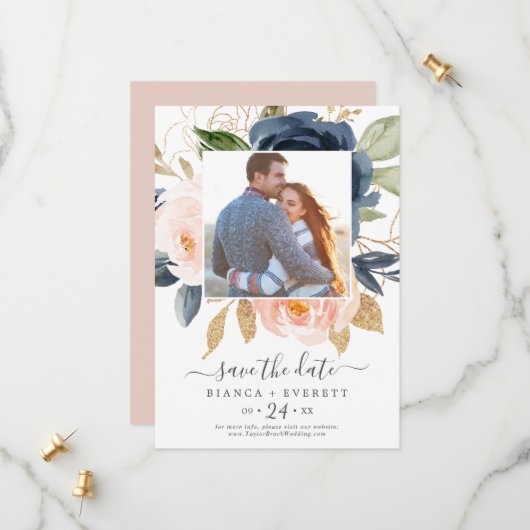 Blush and Navy Flowers White Photo Save the Date (Voorkant / Achterkant in situ)