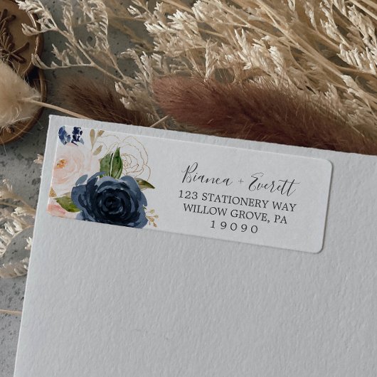 Blush and Navy Flowers White Return Address Label