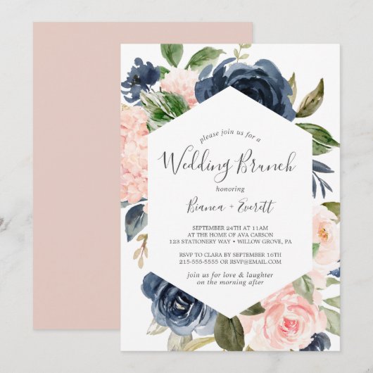 Blush and Navy Flowers White Wedding Brunch Kaart (Voorkant / Achterkant)