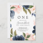 Blush and Navy Flowers White Wreate First Birthday Kaart (Voorkant)