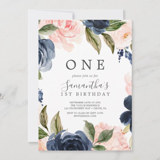 Blush and Navy Flowers White Wreate First Birthday Kaart (Voorkant)