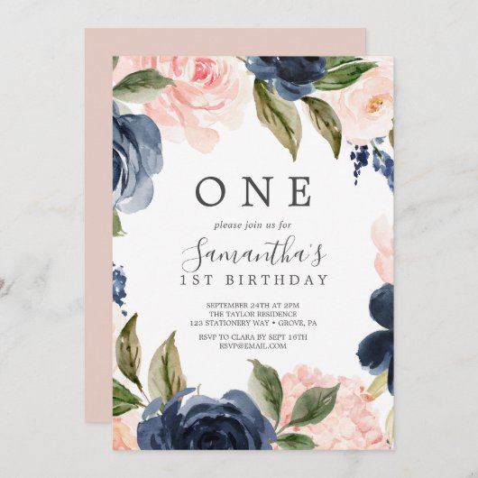 Blush and Navy Flowers White Wreate First Birthday Kaart (Voorkant / Achterkant)
