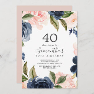 Blush and Navy Flowers White Wreath 40th Birthday Kaart